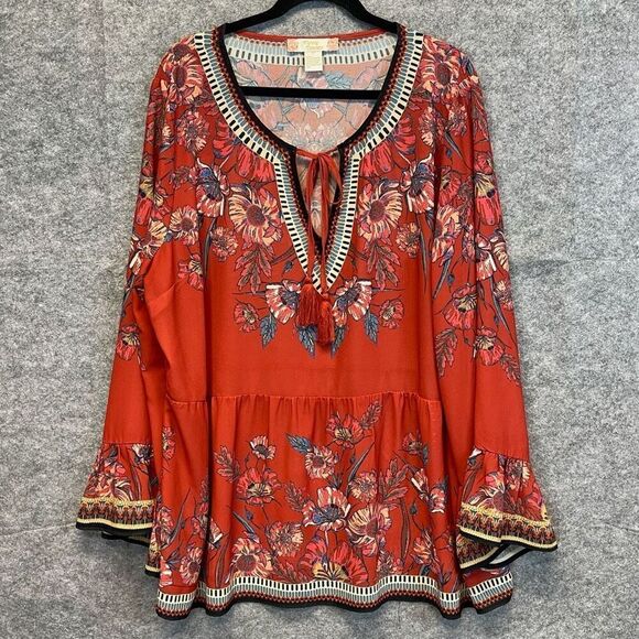 Flying Tomato Tops - FLYING TOMATO Top Women's 2X Red Floral V-Neck Tassel Bell Sleeve Peplum EUC
